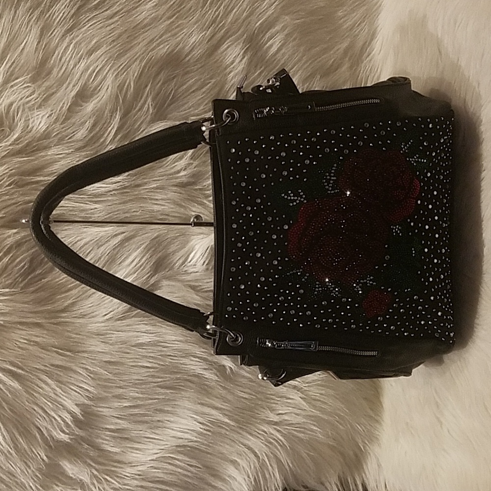 HANDBAG EXPRESS FRONT POCKET RHINESTONE ROSE DESIGN SHOULDER BAG